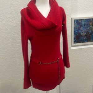 Red sweater worn scrunch neck or off shoulder